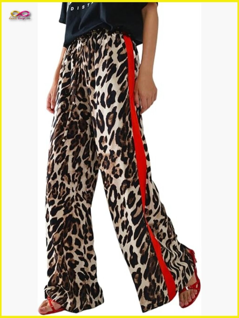 Wide Leg Drawstring Leopard Print Color Block Side Stripe Palazzo Pants Y2K